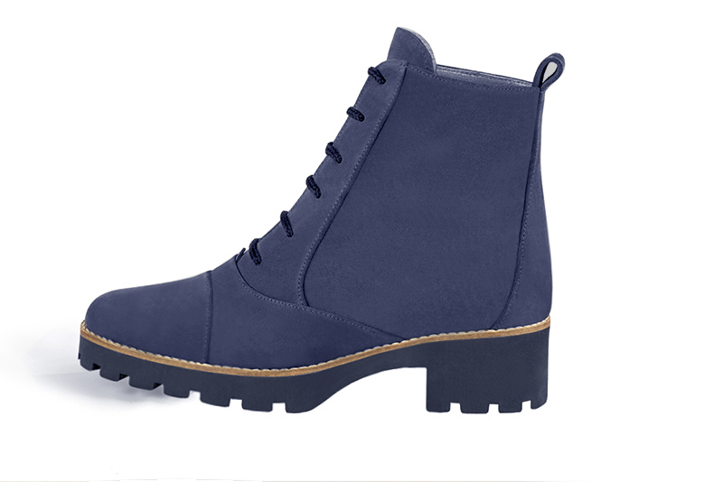 Prussian blue women's ankle boots with laces at the front. Round toe. Low rubber soles. Profile view - Florence KOOIJMAN